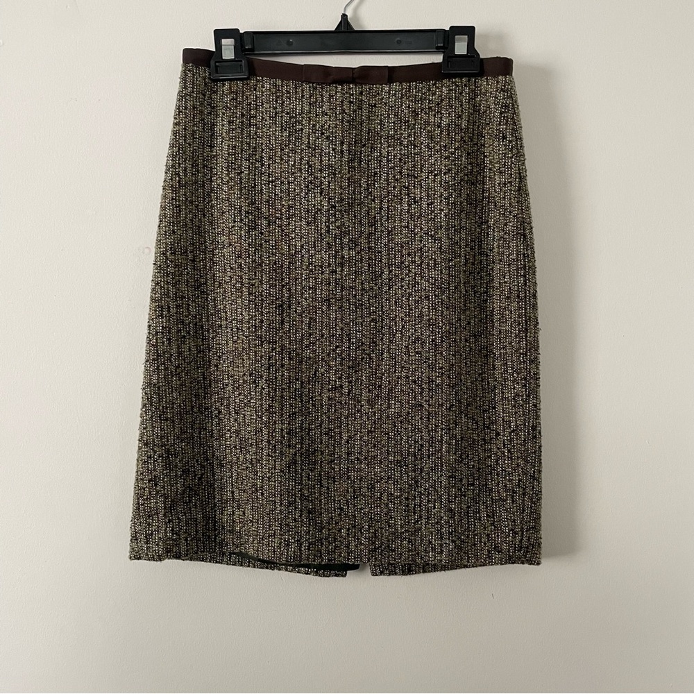 Vintage Y2K Ann Taylor Green Brown Tweed Bow Detail Dark Academia Skirt 4 Petite - Picture 1 of 5